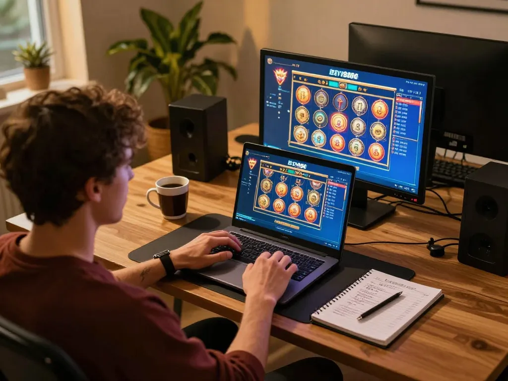 Engaged player enjoying BET88 online casino gaming on laptop, showcasing vibrant slot game graphics