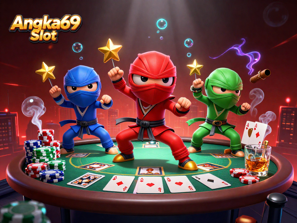 Experience Angka69 Slot with a vibrant display of chameleon ninjas and poker elements in action.
