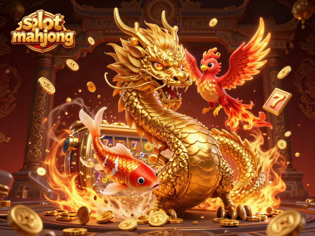 Experience the thrill of slot mahjong with a dynamic scene of a dragon, phoenix, and koi fish amidst vibrant gaming elements.