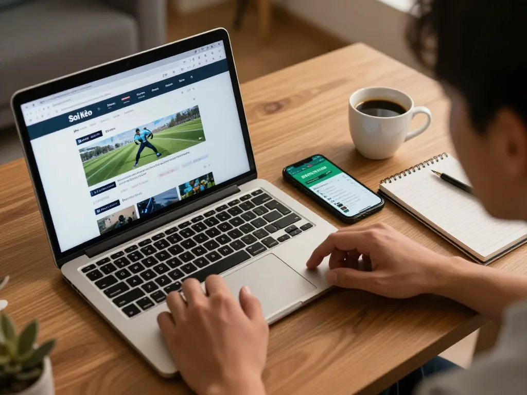 Soi Kèo website displayed on a laptop, showcasing strategic sports betting tips in a cozy home setup.