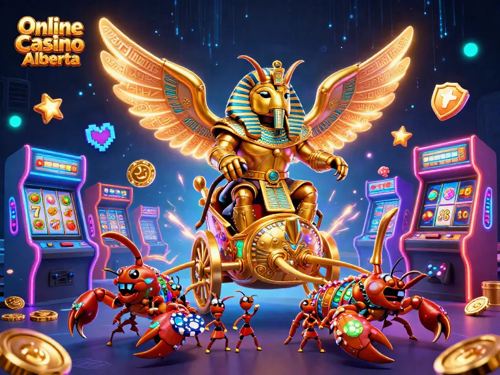 Play exciting games at Online Casino Alberta with a dynamic 3D casino scene featuring gold and jewels.