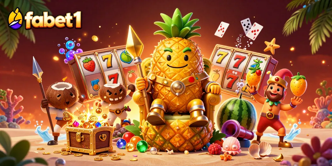 Experience fabet1 with the golden pineapple king amid vibrant casino elements in a tropical scene.
