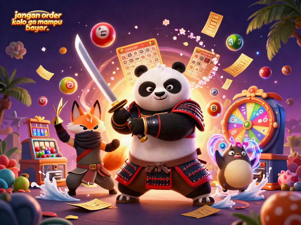 Engaging scene of samurai panda and ninja fox promoting the message "jangan order kalo ga mampu bayar.." amidst vibrant casino game elements.
