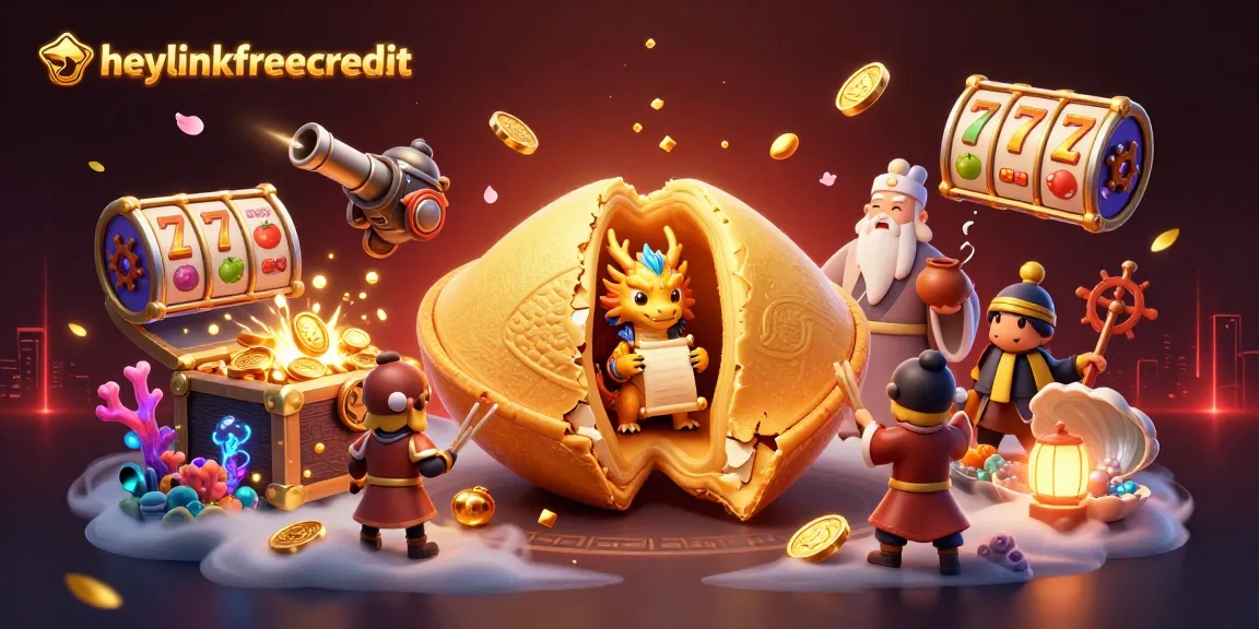 Engage with the vibrant heylinkfreecredit casino scene, featuring a giant fortune cookie and treasure elements.