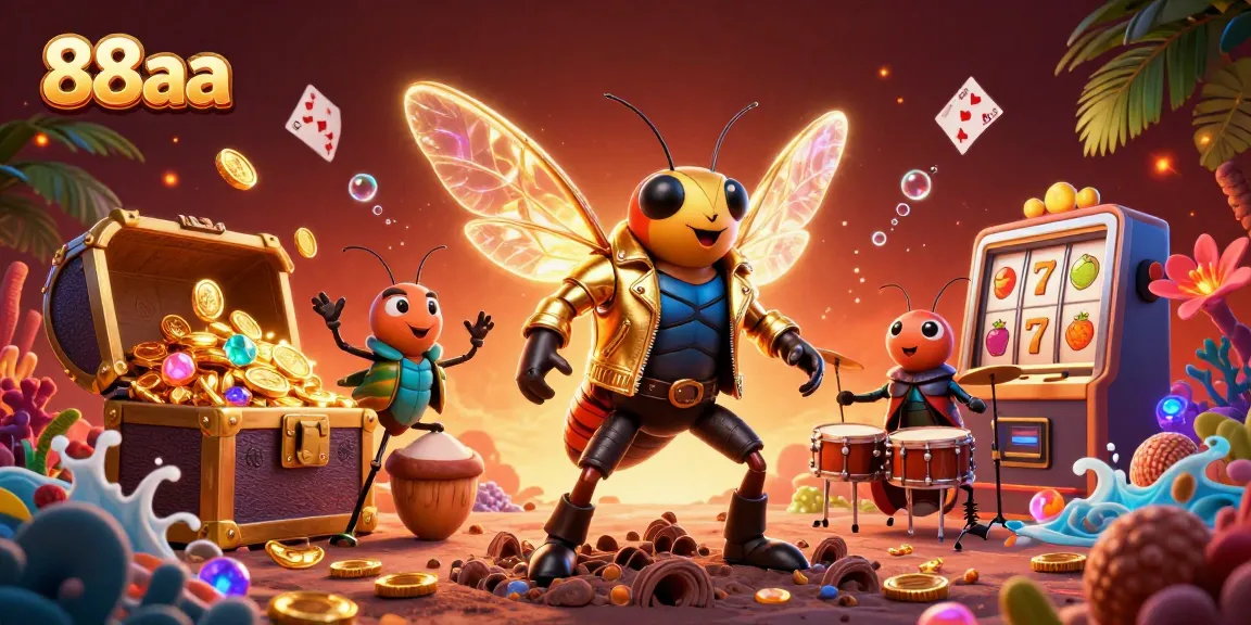 Experience thrilling casino action with 88aa's vibrant 3D illustration showcasing a rock star cicada and lively characters.