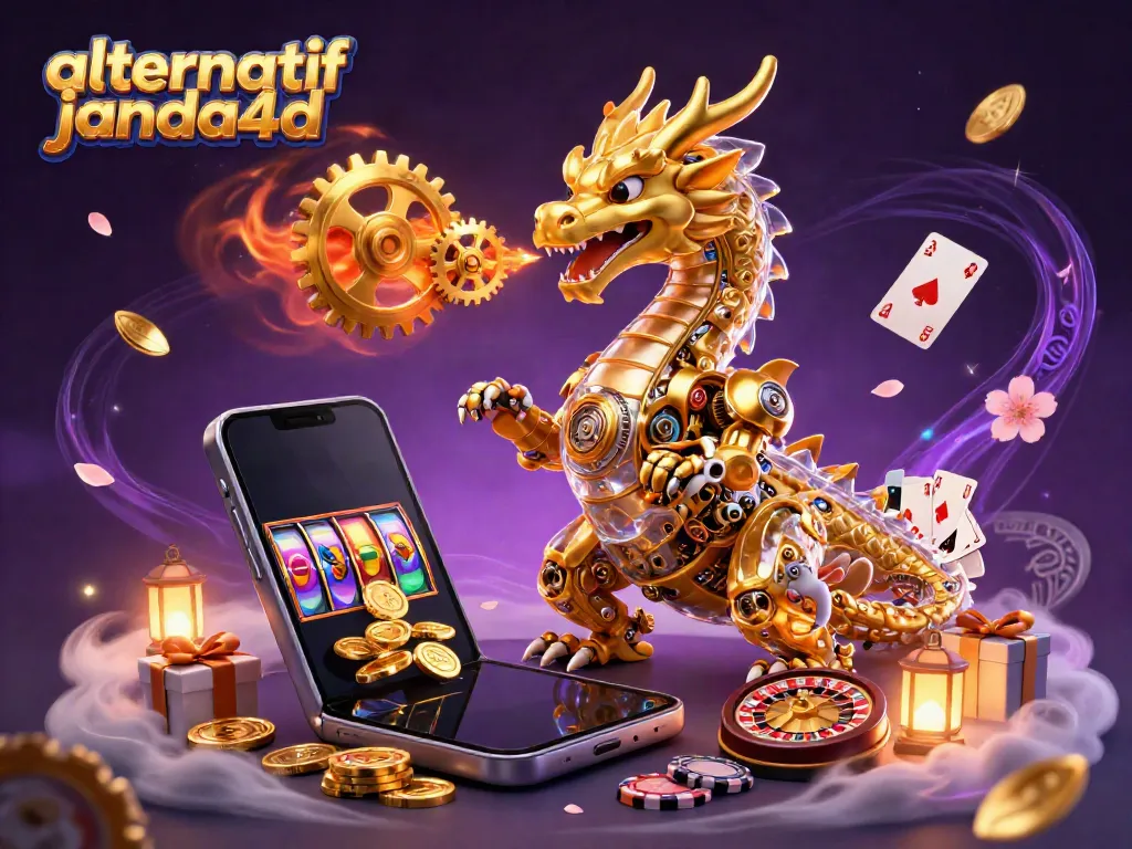 Permainan slot alternatif janda4d terlihat pada ilustrasi 3D yang menampilkan naga emas dan rekayasa unik.
