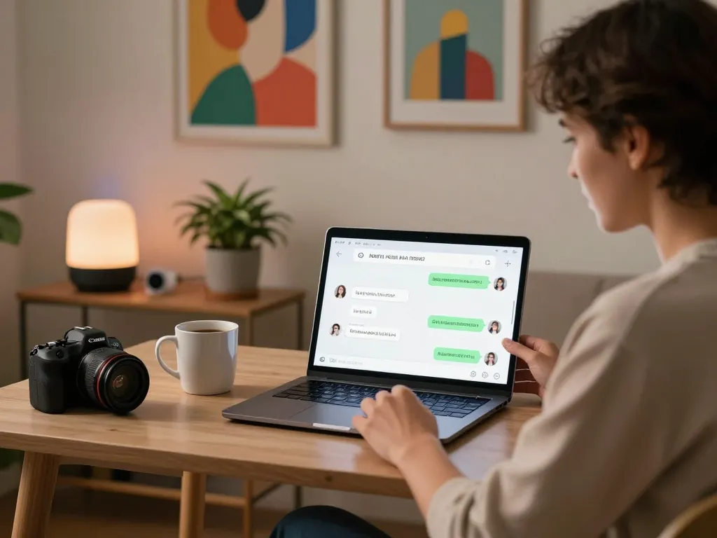 User engaged in sex chat ai conversation at a modern desk, showcasing a personalized NSFW AI experience.