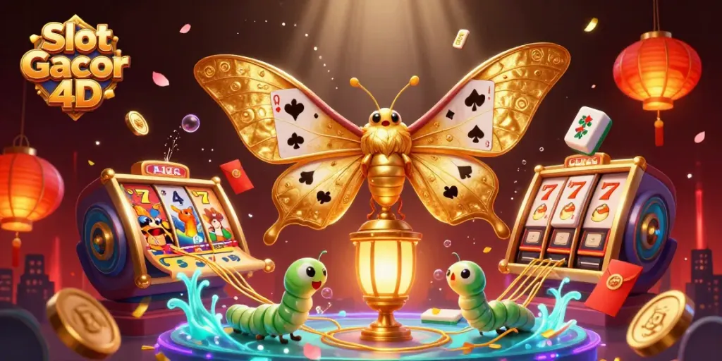 Slot Gacor 4D menawarkan suasana megah dengan kupu-kupu 3D berlapis emas dan elemen kasino ceria.