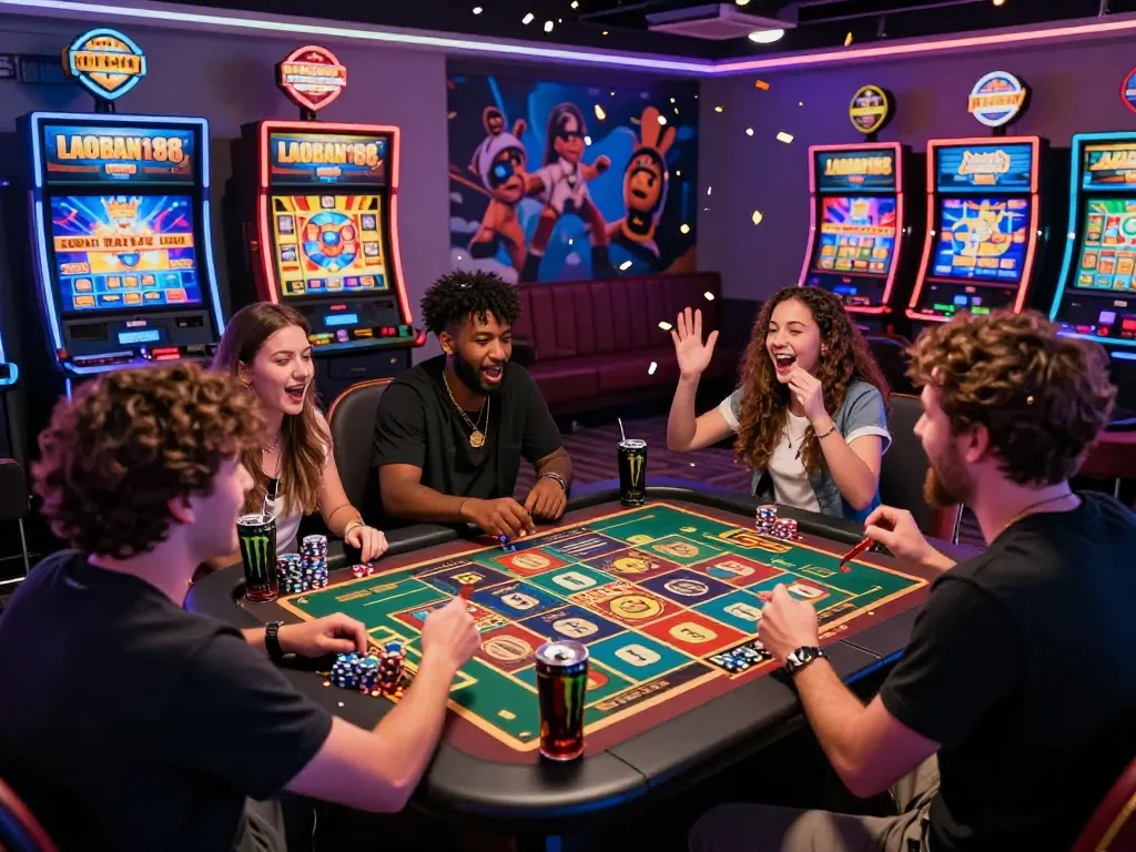 Suasana permainan slot gacor terpercaya LAOBAN188 yang dinamis dengan berbagai pemain merayakan jackpot di lounge yang mengasyikkan.