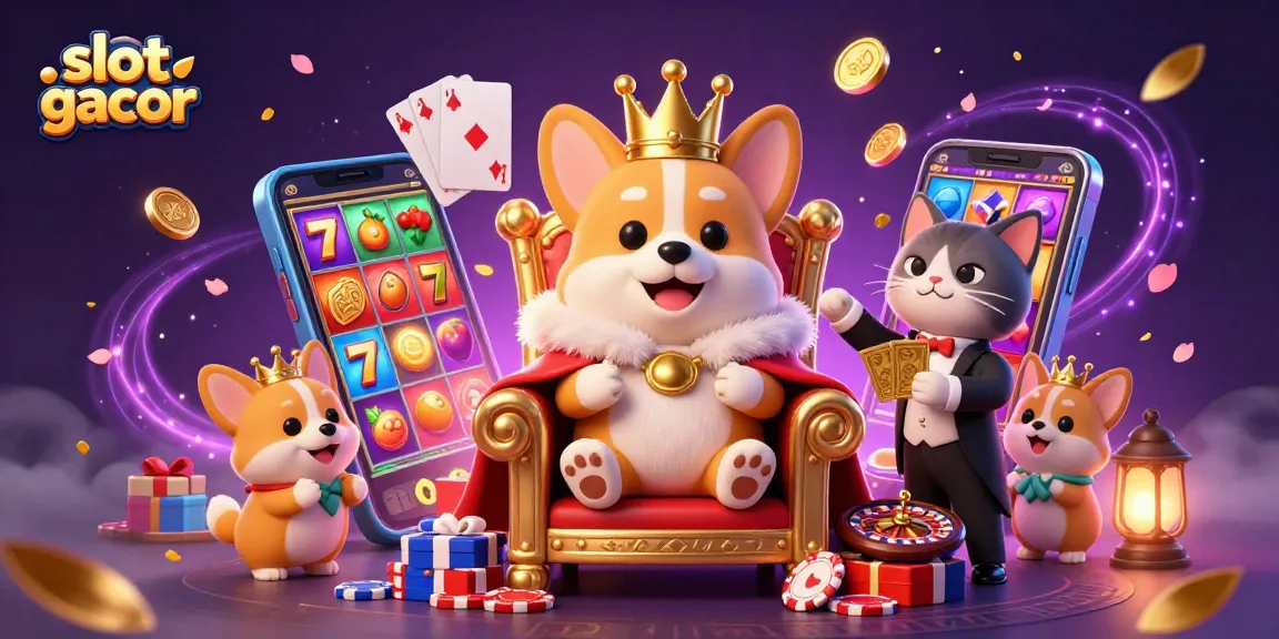 Experience exciting slot gacor gameplay featuring a royal corgi and slot game elements in a vibrant casino scene.