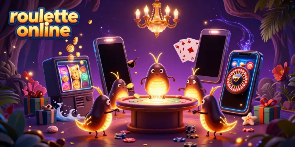 Experience roulette online with lively cartoon glowworms lighting up a vibrant casino scene.