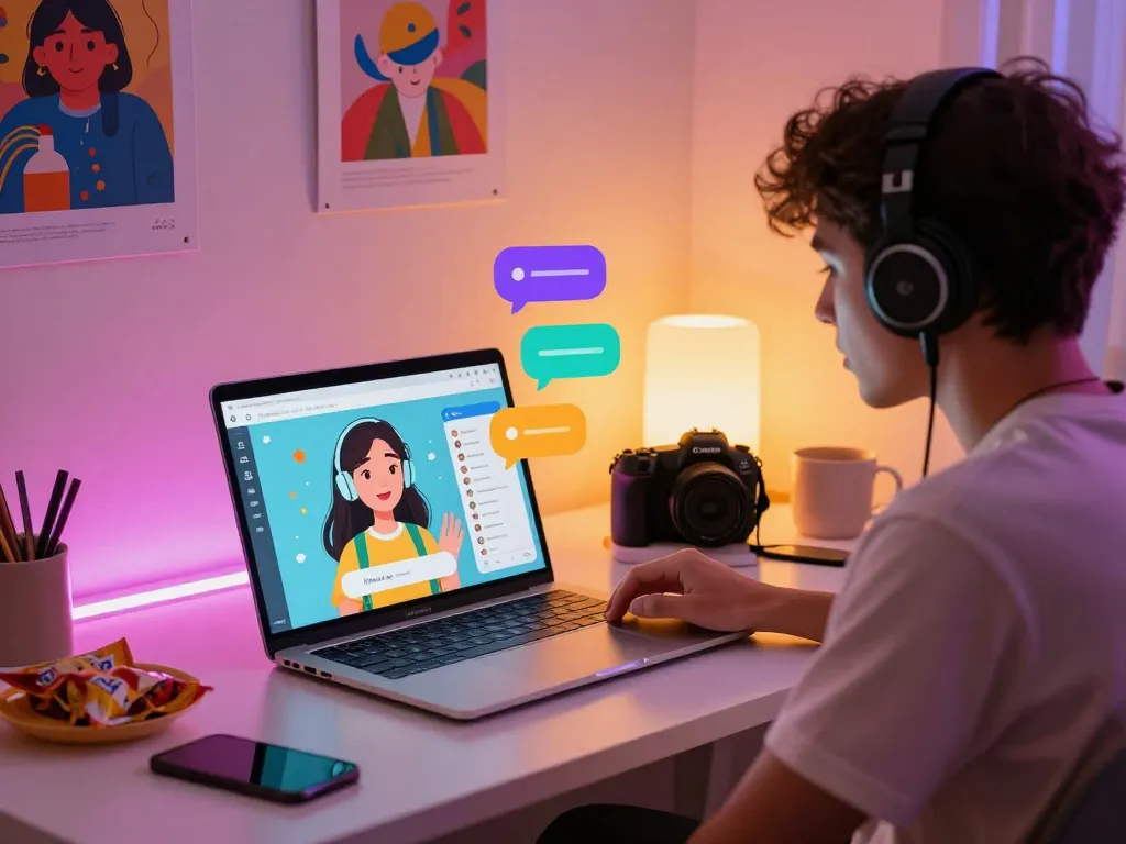 Engaging with NSFW AI character chat on laptop in a cozy room.