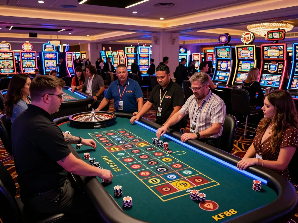 Players enjoying a thrilling roulette game at a KP88 casino, vibrant chips and excitement in the air