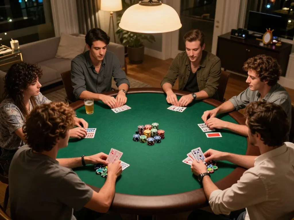 Peserta menikmati malam permainan poker yang mendebarkan di rumah, menampilkan strategi tokyo88.