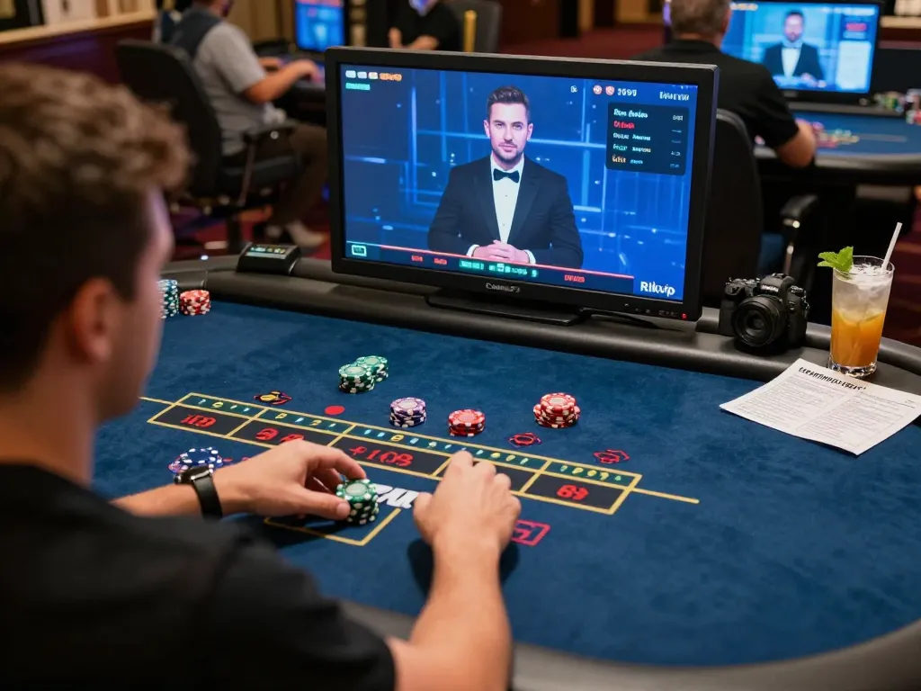 Rikvip players engaging in high-stakes Baccarat game online, showcasing interactive live dealer experience