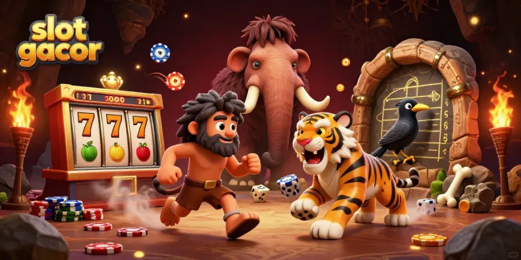 Experience the thrill of slot gacor with vibrant casino action featuring a caveman, sabertooth tiger, and crow.