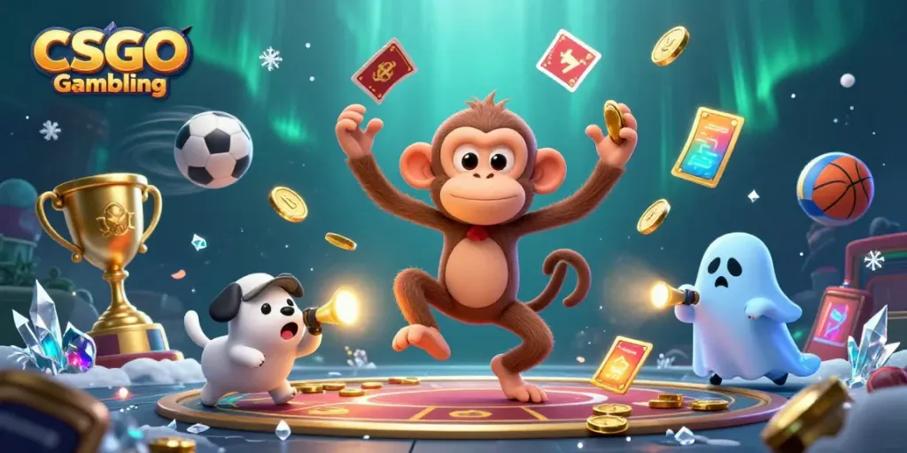 CSGO Gambling scene with a mischievous monkey and a curious puppy amidst casino elements and sports balls.