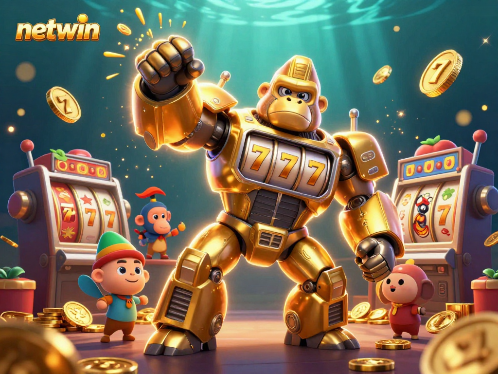 Engage in thrilling gameplay at netwin with a dynamic golden gorilla mech and vibrant slot machine elements.