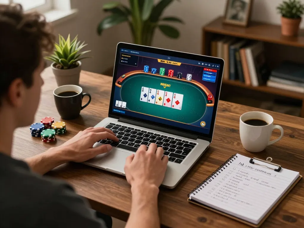 Player strategizing their winning moves on u8888 poker platform at home.