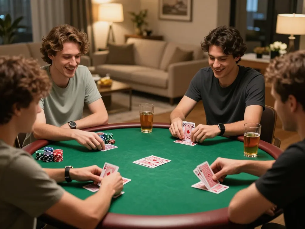 Sahabat yang terlibat menikmati permainan poker santai di rumah dengan merek DEWI77 terlihat pada kartu