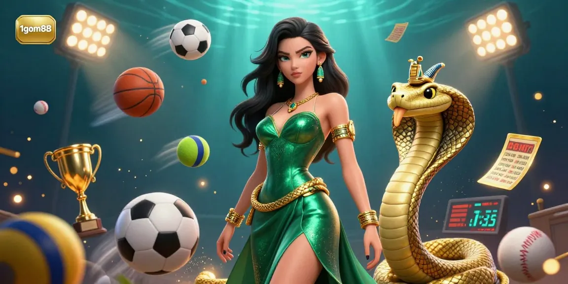 Engage with 1gom88 in this vibrant illustration showcasing sports betting excitement and dynamic energy.