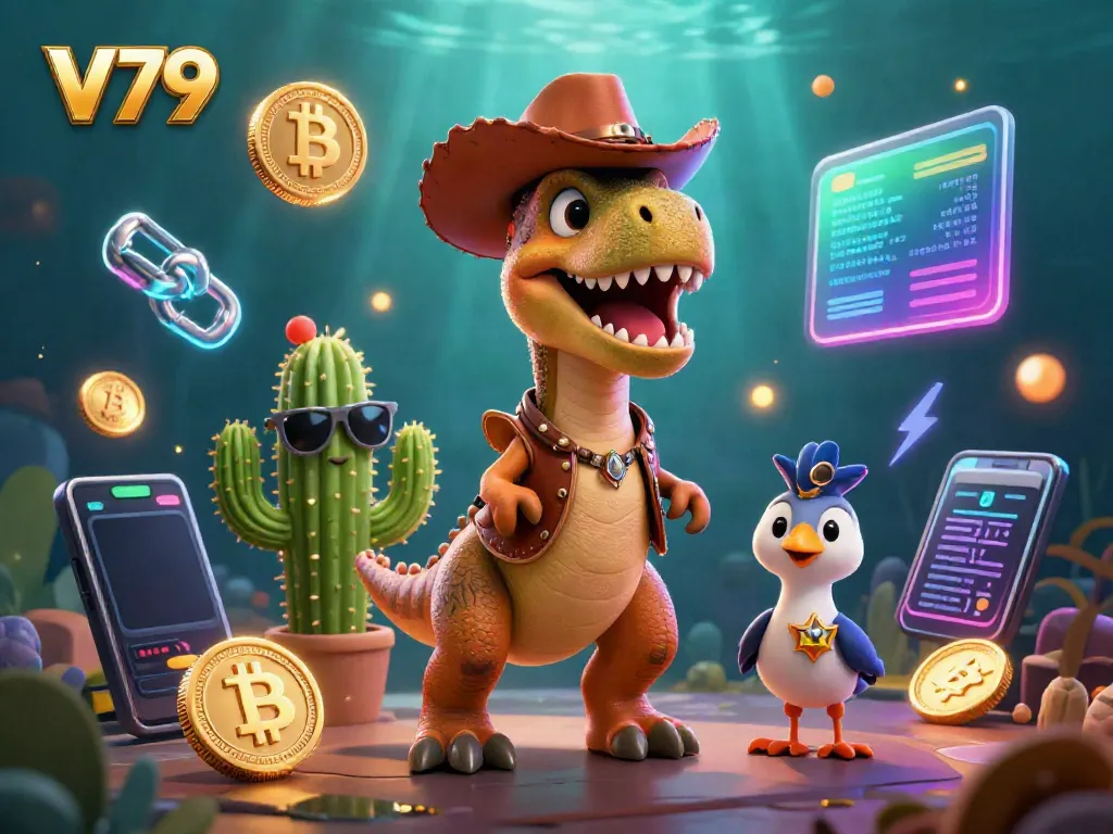 Play thrilling games at V79 featuring a colorful T-Rex cowboy, cactus, and roadrunner in a vibrant casino scene.