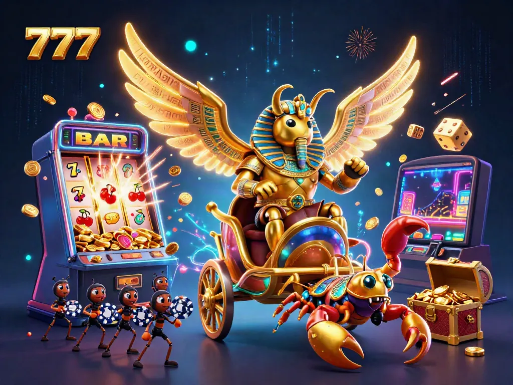 Gambarkan skarab emas 777 yang menang dalam permainan slot dengan pemandangan kasino yang meriah.