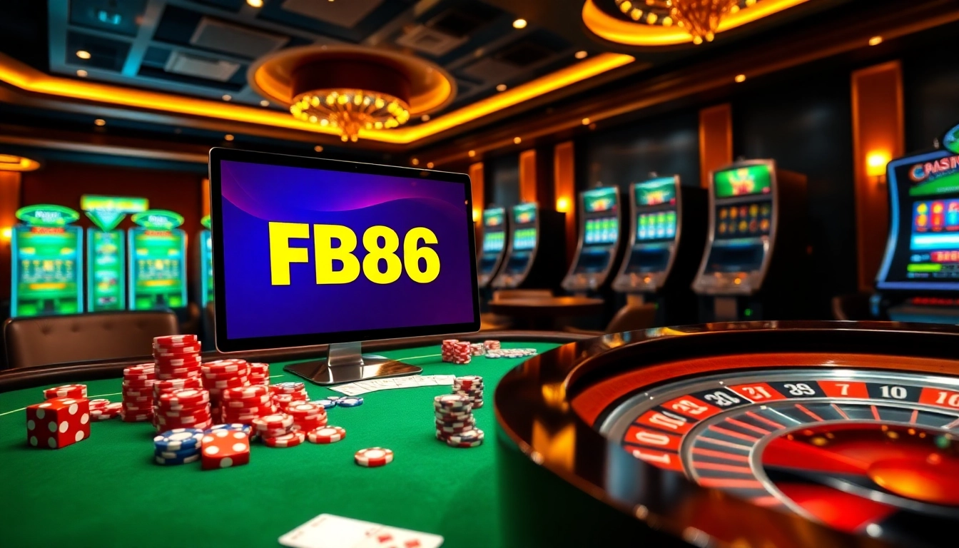 Gambling players enjoying FB68 games at an upscale casino with vibrant tables and slot machines.