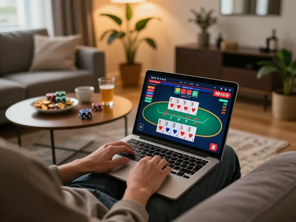 King33 user engaged in a thrilling poker game online, showcasing home gaming atmosphere.