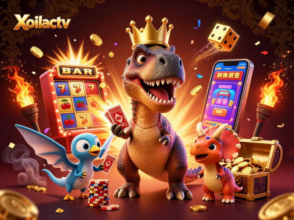 Xoilactv showcases a fun casino scene with a T-Rex shuffling cards and a slot machine bursting coins.
