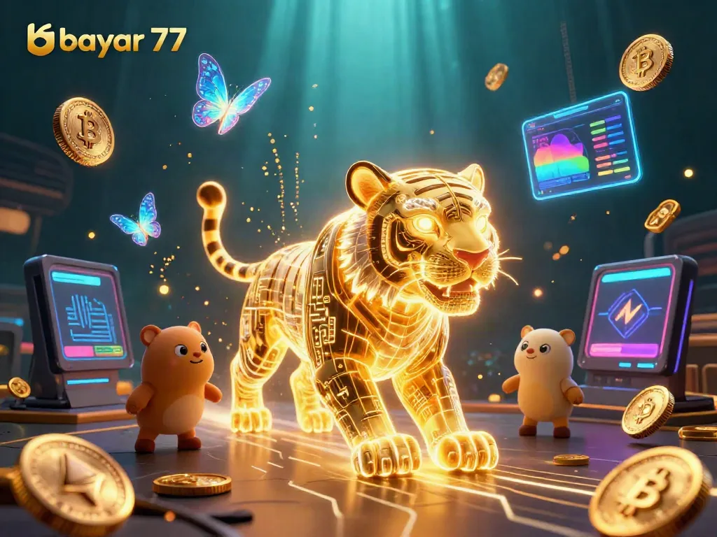 Experience the thrilling world of bayar 77 with a glowing neon tiger in a digital casino landscape.
