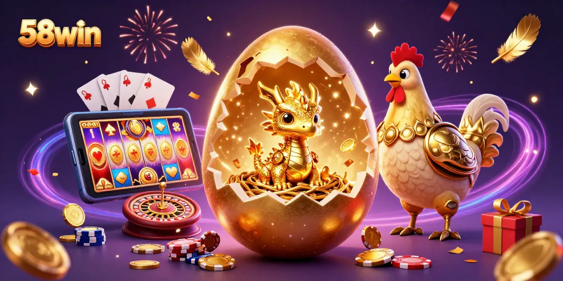 Experience excitement with 58win's golden dragon and dynamic gambling scene featuring slots and poker.
