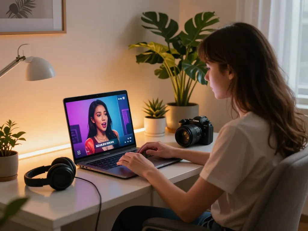 Engaging in a sex chat AI experience with vibrant discussions on a laptop, showcasing a comfortable and inviting home office scene.