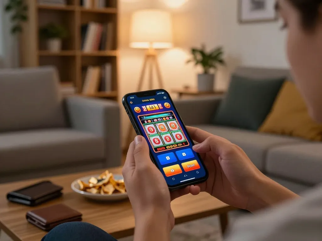 Engaged player exploring MM88 online casino app interface on smartphone in cozy setting