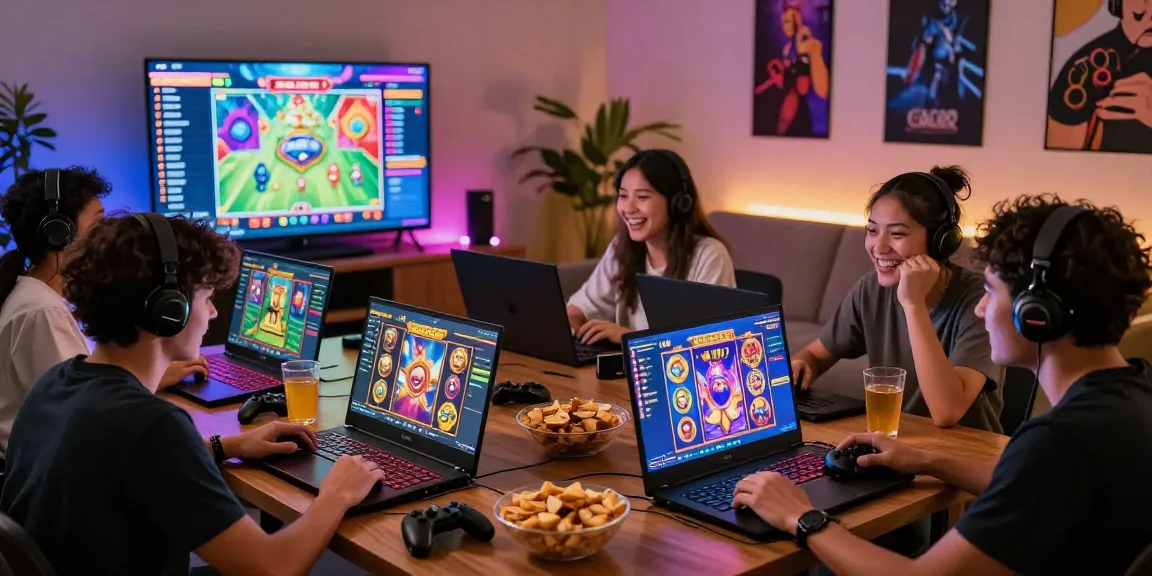 Friends enjoying an exciting slot gacor gaming session in a lively atmosphere.