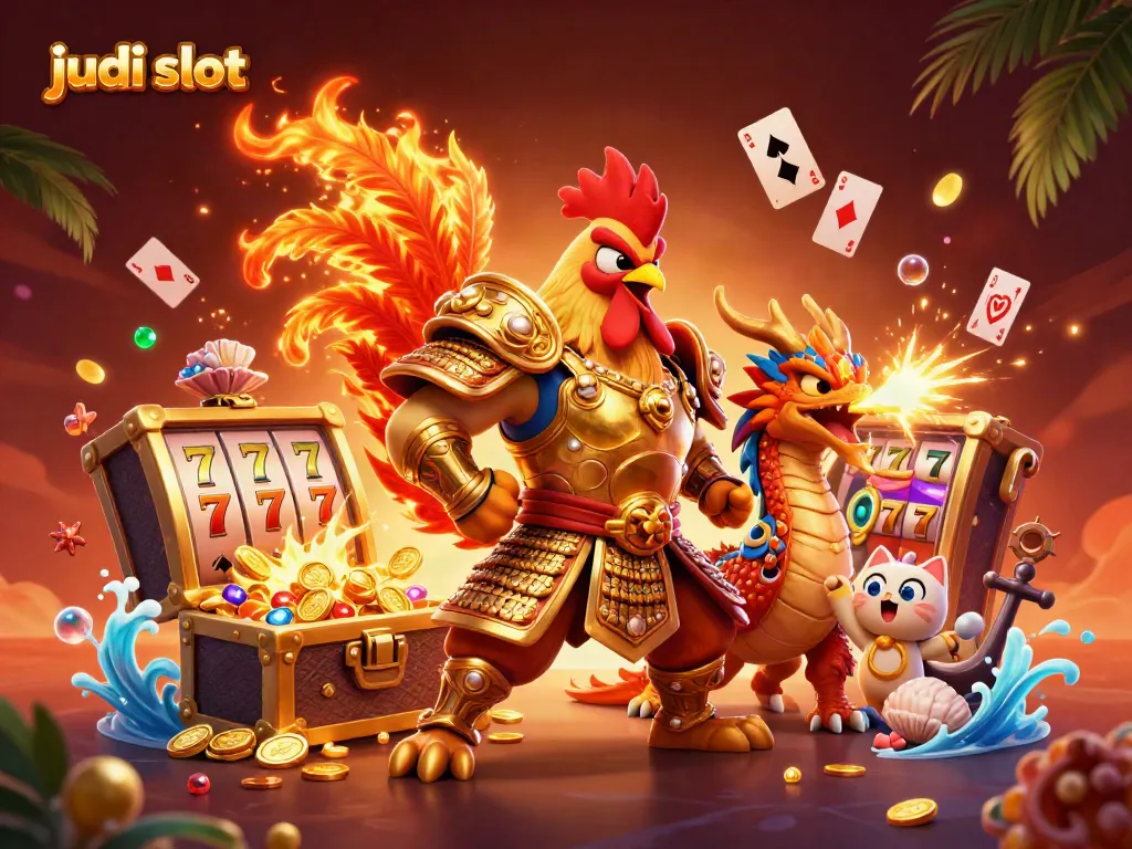 Gambarkan keberuntungan judi slot dengan karakter suroko bertarung di antara harta karun