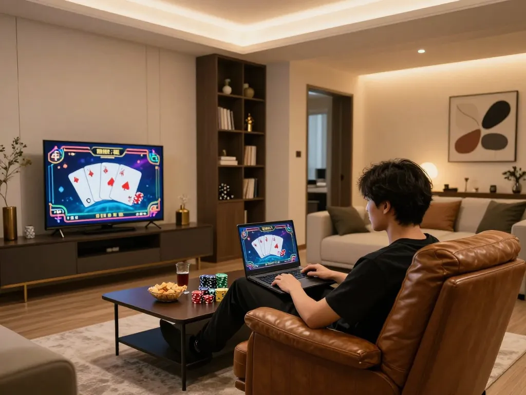 Engaged in Canada online casinos gaming, player at home using laptop surrounded by poker chips and a cozy atmosphere.