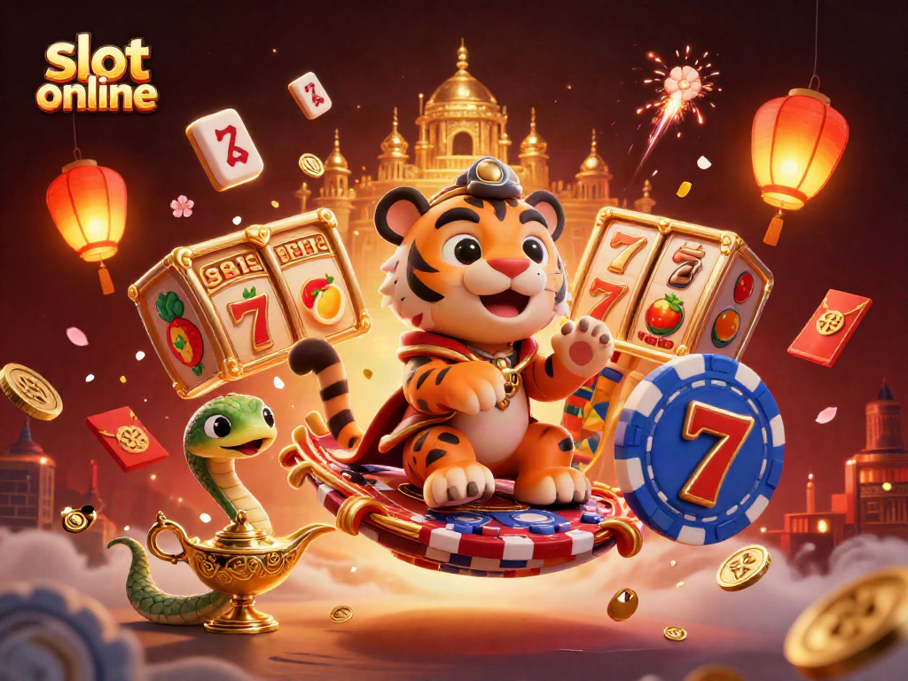 Slot online menampilkan sultan harimau terbang di karpet dengan simbol jackpot dan koin berkilau.