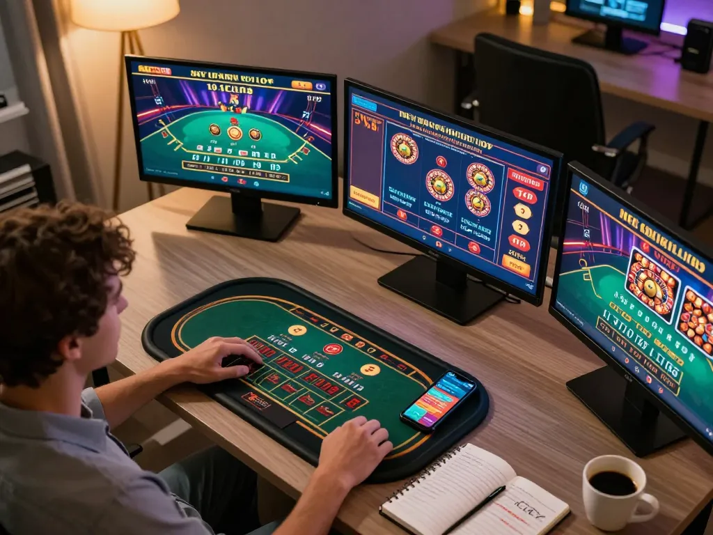 Person engaging in online gaming at home using multiple screens, showcasing dacsandatphanrang.com gaming strategies for success.