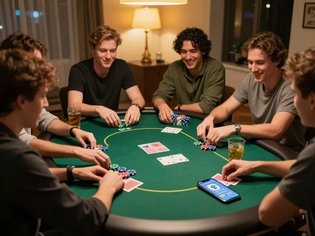 Pemain yang terlibat di malam poker di rumah menggunakan dasi4d link alternatif untuk taruhan strategis, suasana yang hidup.