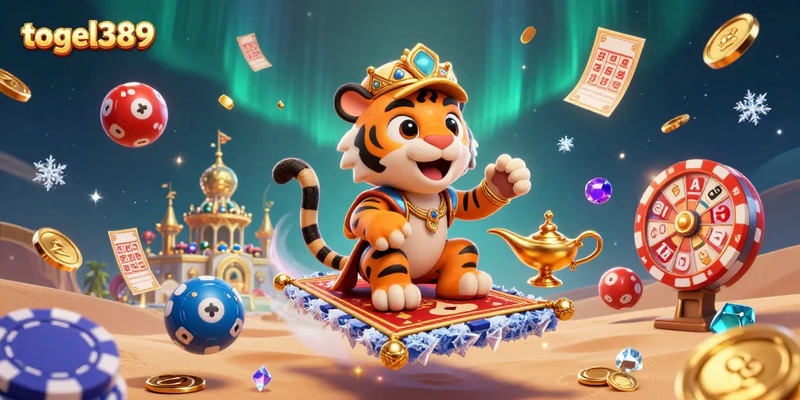 Experience the excitement of togel389 with a dynamic 3D lottery scene showcasing vibrant characters and elements.