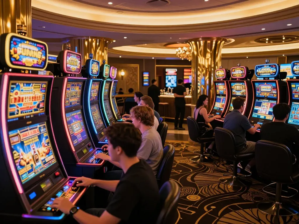 TG88 players enjoying a vibrant gaming experience at luxurious slot machines.