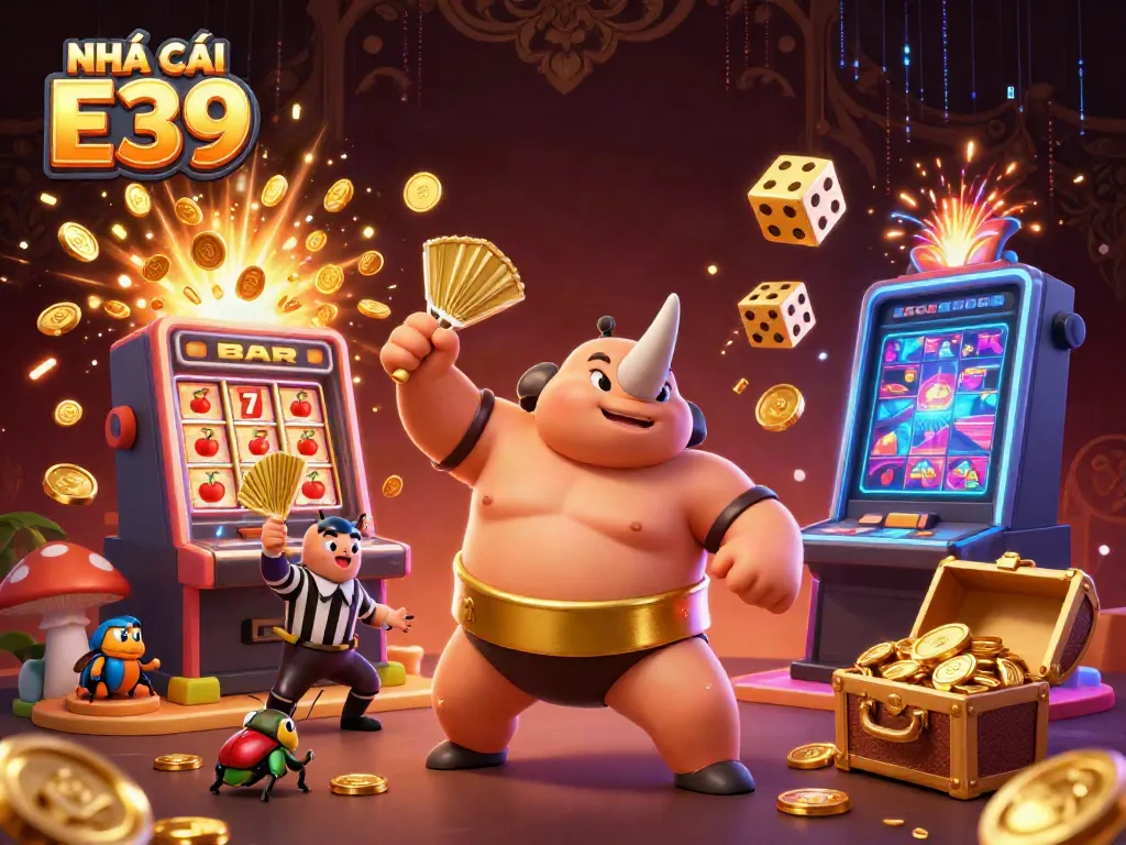 Experience the thrill of gaming at NHÀ CÁI E39 with vibrant casino elements and engaging characters.
