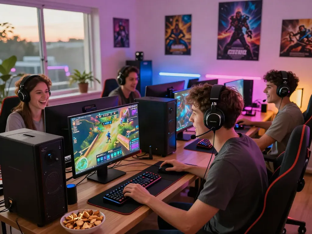Friends enjoying a gaming session, showcasing the vibrant online gaming community with akunjp essence.