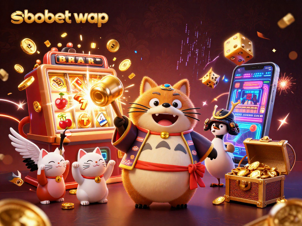 Experience thrilling sbobet wap action with cheerful tanuki, lucky symbols, and vibrant casino elements.