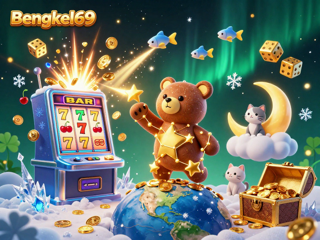 Bengkel69 players enjoy a vibrant 3D casino illustration filled with slot machines and treasures.