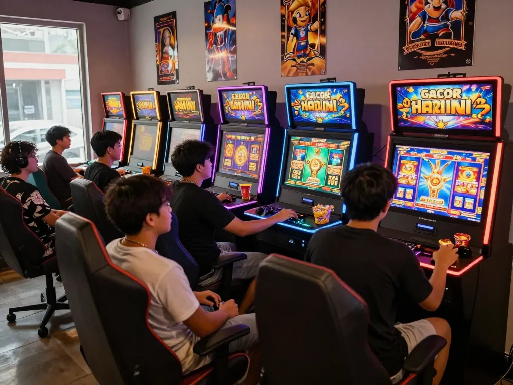 Engaging scene of players enjoying slot gacor hari ini in a vibrant gaming lounge with illuminated screens and colorful LED lights.