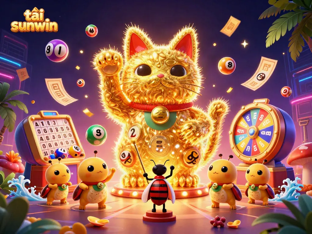 Engage with the vibrant world of tải sunwin, showcasing a giant lucky cat among dynamic casino symbols.