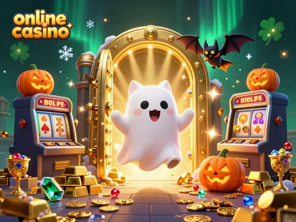 Engage with this lively online casino scene featuring a ghost cat and vibrant treasures.