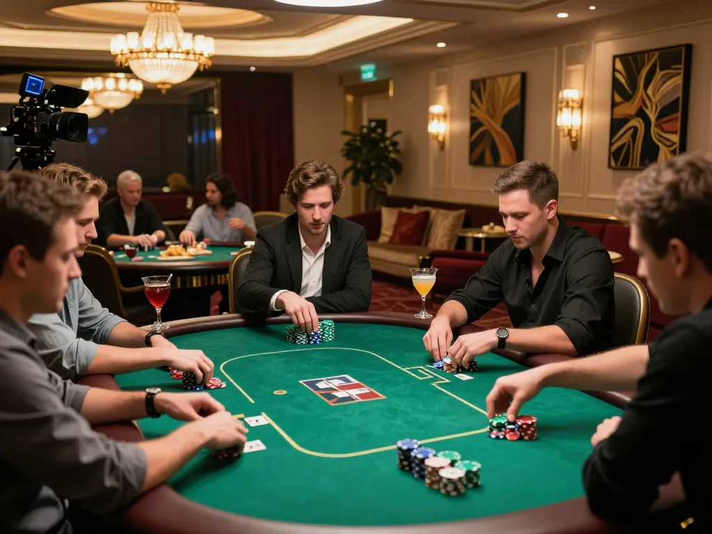 KONG88 poker players strategizing in an upscale casino atmosphere with high stakes